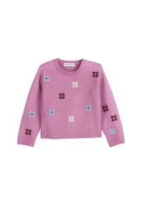 Rosa gestrickter Pullover mit blauen, cremefarbenen und braunen Blumenmustern, die auf der Vorderseite und den Ärmeln verteilt sind, mit gerippten Bündchen und Saum.