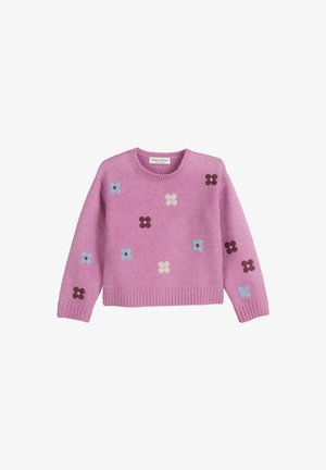 Roze gebreide trui met blauwe, crèmekleurige en bruine bloemenpatronen verspreid over de voorkant en mouwen, met ribgebreide boorden en zoom.