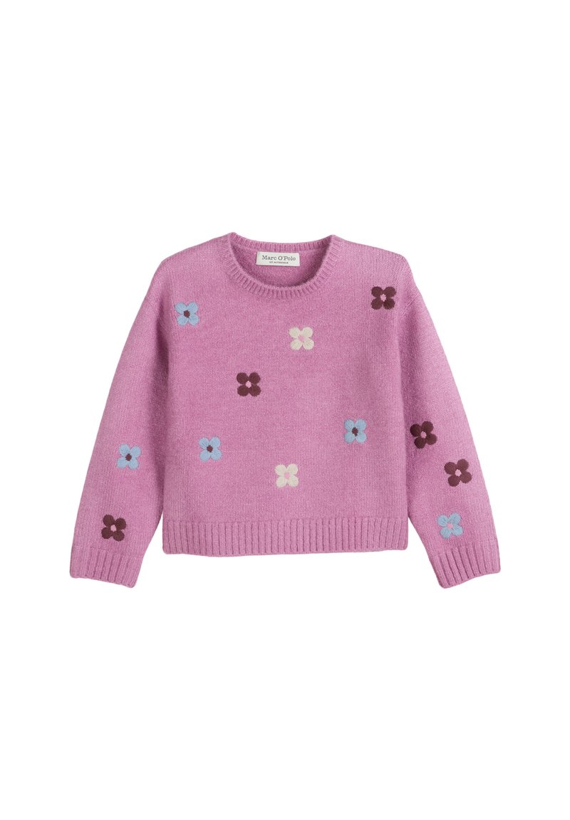 Rosa gestrickter Pullover mit blauen, cremefarbenen und braunen Blumenmustern, die auf der Vorderseite und den Ärmeln verteilt sind, mit gerippten Bündchen und Saum.