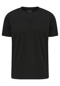 Black short-sleeve t-shirt made of soft fabric. Features a round neckline and a small red tag on the bottom left side.