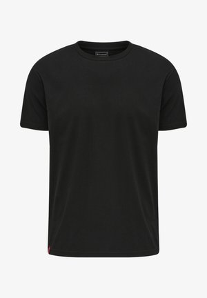 Black short-sleeve t-shirt made of soft fabric. Features a round neckline and a small red tag on the bottom left side.
