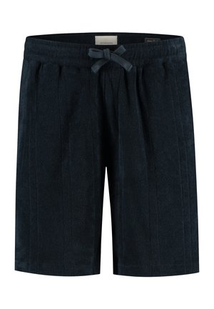 Pantaloncini casual blu navy scuro con vita elastica e coulisse frontale, dotati di tasche laterali e realizzati in tessuto morbido e strutturato.