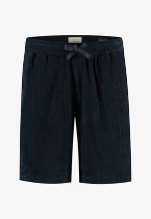 Pantaloncini casual blu navy scuro con vita elastica e coulisse frontale, dotati di tasche laterali e realizzati in tessuto morbido e strutturato.