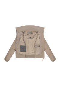 Beige pufferjack met geribbelde gebreide kraag en boorden. De binnenkant heeft twee zakken, zorglabels en een gladde satijnen voering.