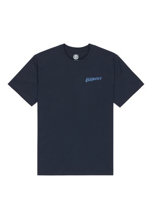 Navy blue cotton t-shirt with short sleeves and a crew neck. Features a light blue logo printed on the left chest. Smooth texture.