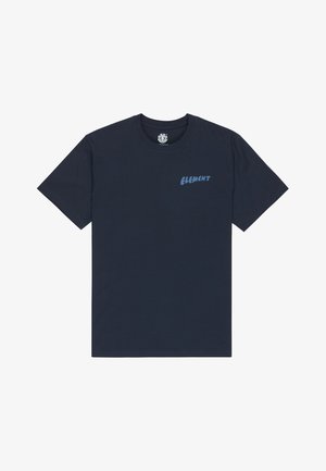 Navy blue cotton t-shirt with short sleeves and a crew neck. Features a light blue logo printed on the left chest. Smooth texture.