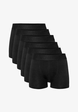 Black boxer briefs in a pack of six. Features a wide black waistband with embossed brand name, soft fabric, and fitted design.