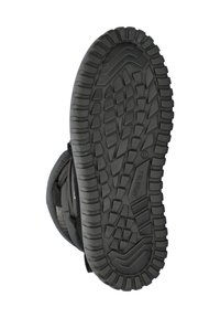 Zwarte rubberen laars met een gemêleerde, patroonzool. Beschikt over een waterdichte bovenkant en versterkte stiksels langs de zijkanten. Robuust ontwerp.