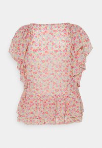 Blusa floreale in tessuto leggero, presenta maniche e orlo arricciati, colori prevalentemente pastello con motivi floreali rossi e blu.