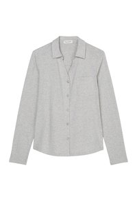 Gray long-sleeve shirt made of soft fabric. Features a collar, button-down front, single chest pocket, and slightly curved hem.