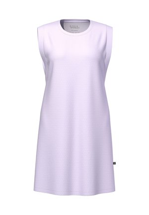Ärmelloses Kleid aus leicht lavendelfarbenem Stoff, mit dezenten Punktmustern, Rundhalsausschnitt und lockerer Passform. Keine sichtbaren Beschläge oder Akzente.