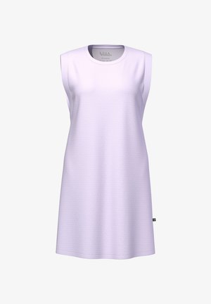 Ärmelloses Kleid aus leicht lavendelfarbenem Stoff, mit dezenten Punktmustern, Rundhalsausschnitt und lockerer Passform. Keine sichtbaren Beschläge oder Akzente.