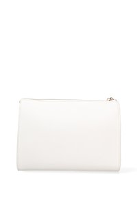 Borsa a tracolla bianca in pelle con una texture liscia e una forma rettangolare semplice. Presenta una chiusura con zip e un design minimalista.