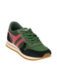 Green and black athletic shoe with pink accents, featuring mesh and suede materials, a rubber sole, and a padded collar.