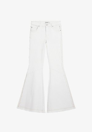 White flared jeans in denim, featuring side seam detailing with lace accents. The design has a smooth texture and a wide leg silhouette.