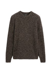 Brązowy sweter dzianinowy z okrągłym dekoltem, z teksturowanym wzorem i długimi rękawami. Materiał wydaje się miękki i ciepły.