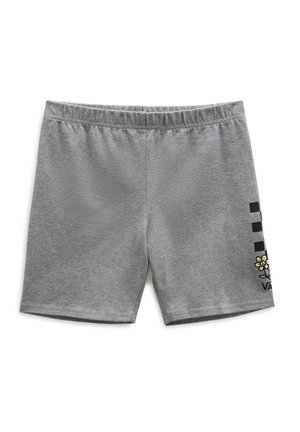 Pantalones cortos de cintura elástica gris con rayas a cuadros negras y un pequeño diseño de flor amarilla en la parte inferior de la pierna derecha.