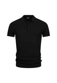 Polo a manica corta nera realizzata in tessuto testurizzato. Presenta un colletto classico e una chiusura a tre bottoni. Polsini e orlo a coste.