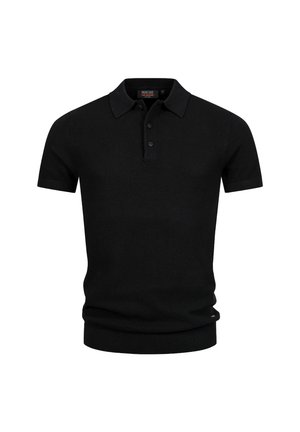 Zwarte polo met korte mouwen, gemaakt van textuurstof. Heeft een klassieke kraag en een drieknoopsluiting. Ribgebreide mouwen en zoom.