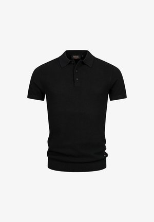 Black short-sleeve polo shirt made of textured fabric. Features a classic collar and three-button placket. Ribbed cuffs and hem.