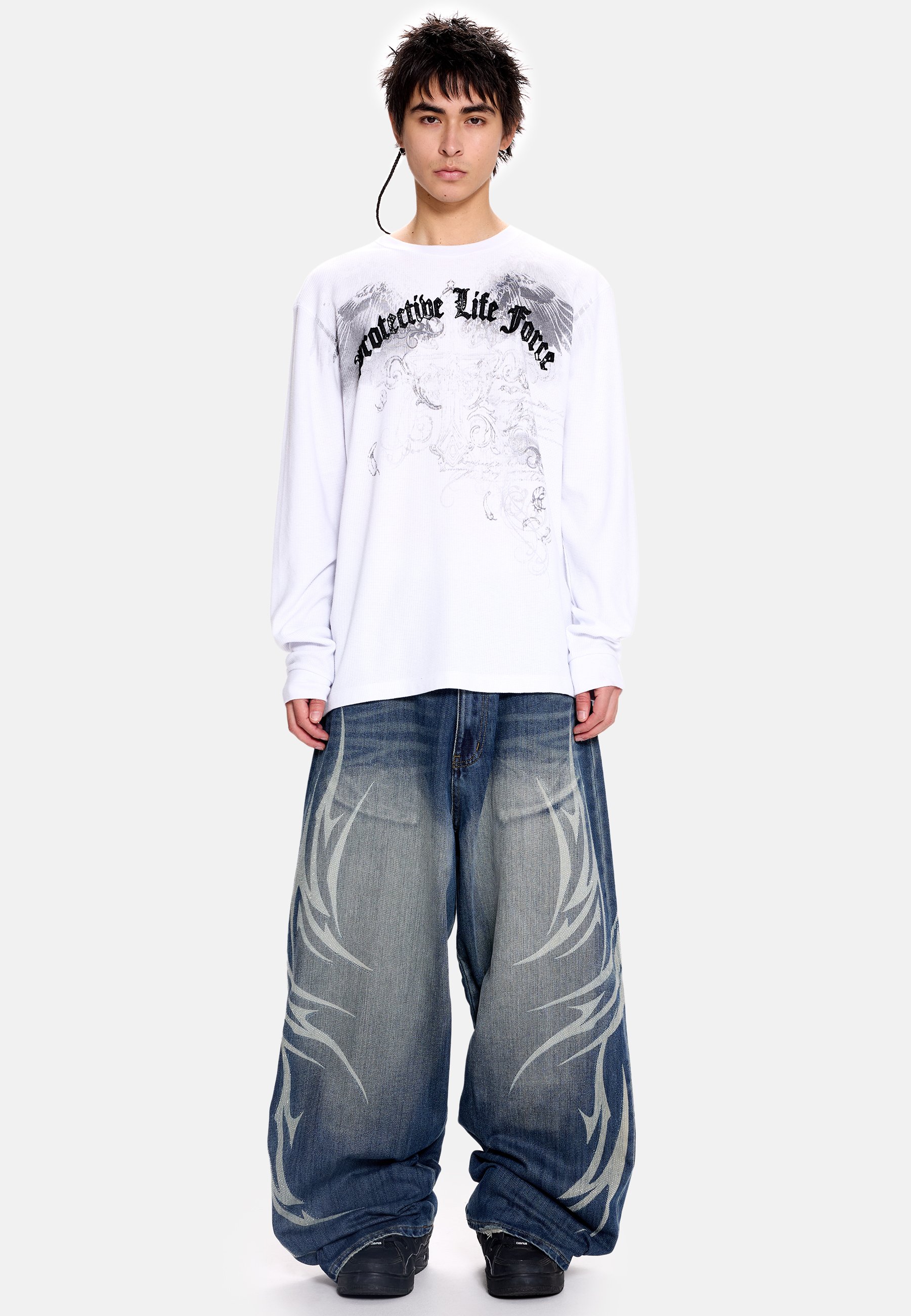 Jaded London RHINESTONE TATTOO - Baggy Jeans - denim/blue denim
