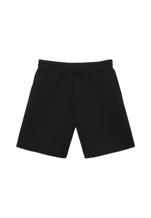 Schwarze knielange Shorts mit elastischem Bund und Seitentaschen, entworfen für den Freizeitgebrauch.