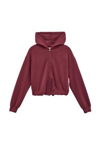 Bordeaux cropped hoodie med frontlynlås, stor hætte og lange ærmer. Lavet af blødt stof med en glat tekstur og elastisk kant.