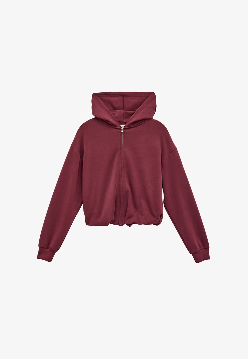 Bordeaux cropped hoodie med frontlynlås, stor hætte og lange ærmer. Lavet af blødt stof med en glat tekstur og elastisk kant.