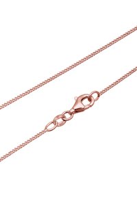 Halskæde i rosaguldbelagt med en fint vævet kæde, der har en lås i hummerstil og cirkulære link-detaljer. Glat tekstur og elegant design.