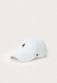 White cotton baseball cap featuring a black embroidered dog design on the front and a small logo on the side. Soft structure, adjustable back.