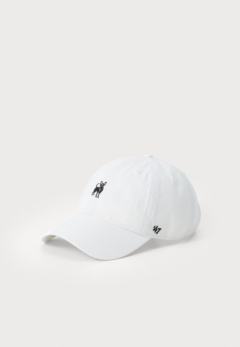 White cotton baseball cap featuring a black embroidered dog design on the front and a small logo on the side. Soft structure, adjustable back.