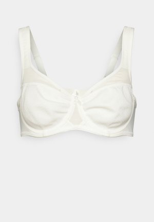 Weißer BH aus strukturiertem Stoff, mit Unterstützung durch Bügel, halbtransparenten Netzpaneelen, verstellbaren Trägern und einem dekorativen Mittelstück.