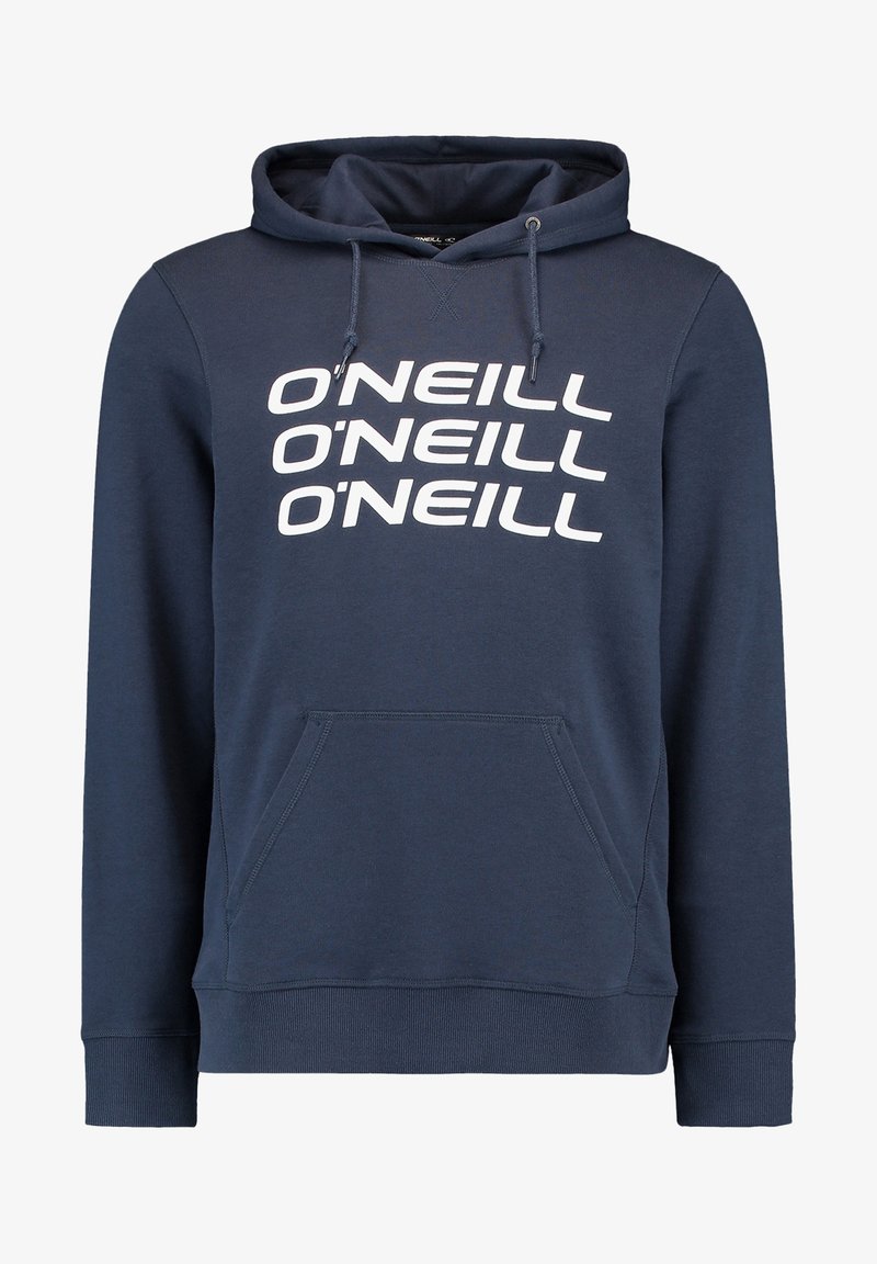 Sweat à capuche bleu marine en tissu doux, avec une poche kangourou à l'avant et un grand texte logo O'Neill blanc sur la poitrine.