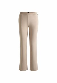 Beige uitlopende broek van zachte, rekbare stof. Heeft een soepele tailleband en geen zichtbare sluitingen of zakken.
