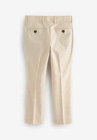 Beige skræddersyede bukser med et elegant design, der har to baglommer med sorte knapper og en ren, lige pasform.