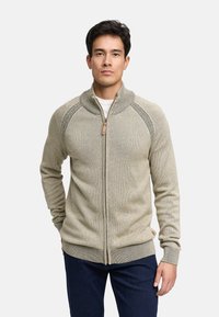 Beige zip-up sweater met een hoge kraag, geribbelde textuur en contrasterende naden, gecombineerd met donkerblauwe jeans. Houten rits trekken detail.
