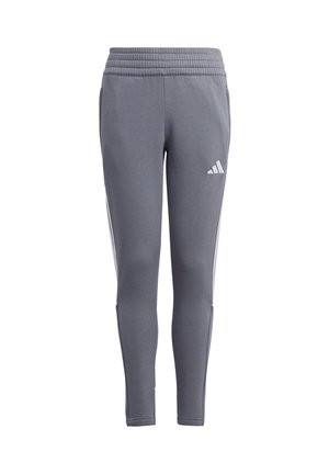 Szare spodnie sportowe z rypsowym pasem, zwężanymi nogawkami i białymi paskami po bokach. Posiadają wytłoczone logo na lewej udzie.