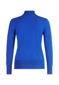 Blauer Pullover mit hohem Kragen, langen Ärmeln und gerippten Bündchen. Der Stoff ist glatt mit gleichmäßiger Struktur. Keine sichtbaren Muster.