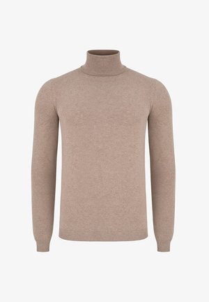 Beżowy sweter typu golf wykonan z miękkiej tkaniny, z długimi rękawami oraz prążkowanym kołnierzem i dołem. Prosty, dopasowany fason bez wzorów.