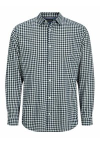 Camicia con bottoni caratterizzata da un motivo a scacchi navy e bianco, maniche lunghe, colletto alla francese e bottoni bianchi lungo la parte anteriore.