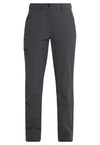 Pantalones exteriores ligeros de color gris oscuro con un diseño de pierna recta, bolsillos laterales con cremallera y una textura suave. Adecuados para diversas actividades.