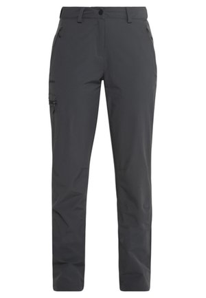 Pantalones exteriores ligeros de color gris oscuro con un diseño de pierna recta, bolsillos laterales con cremallera y una textura suave. Adecuados para diversas actividades.