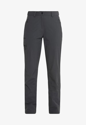 Pantalones exteriores ligeros de color gris oscuro con un diseño de pierna recta, bolsillos laterales con cremallera y una textura suave. Adecuados para diversas actividades.