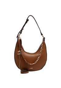 Sac à main brun en cuir en forme de croissant avec bandoulière ajustable, chaîne dorée décorative et logo L.CREDI sur le devant.