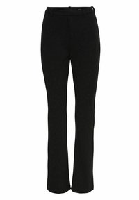 Pantalons noirs ajustés avec une coupe droite, dotés d'un devant plat, de passants de ceinture et d'une texture lisse. Pas de motifs ni d'accents visibles.
