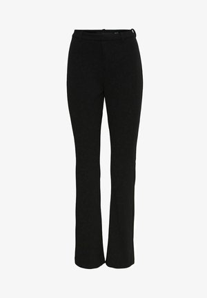 Juodos prisiūtos kelnės su tiesia forma, su lygiu priekiu, diržo kilpailais ir glotnia tekstūra. Nėra matomų raštų ar akcentų.