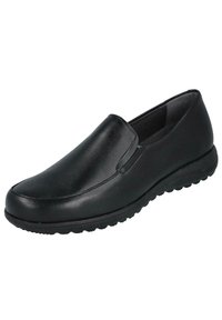 Zapato negro sin cordones hecho de cuero suave, con puntera redondeada, plantilla acolchada y suela de goma flexible con textura.