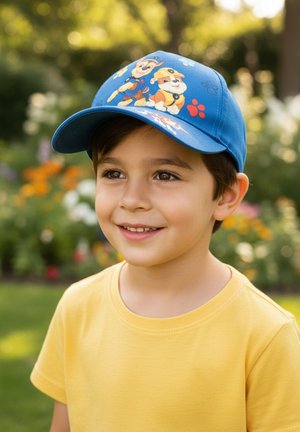 Lächelnder Junge mit einer blauen Mütze mit Cartoon-Hunden und einem gelben Hemd steht im Freien vor einem verschwommenen grünen und blumigen Hintergrund.