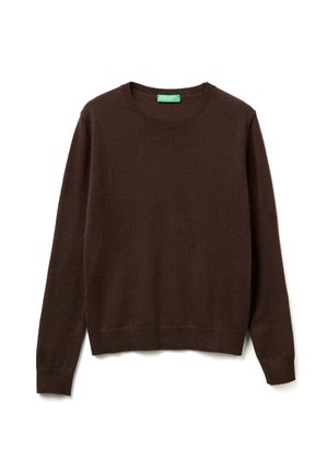 Pull marron à manches longues en tissu doux, avec un col rond, des poignets et un ourlet côtelés, offrant une texture lisse.