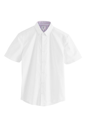 Weißes kurzärmeliges Hemd mit Knopfleiste und kariertem Kragen. Hergestellt aus glattem Stoff, mit Standardpassform und einer Tasche.